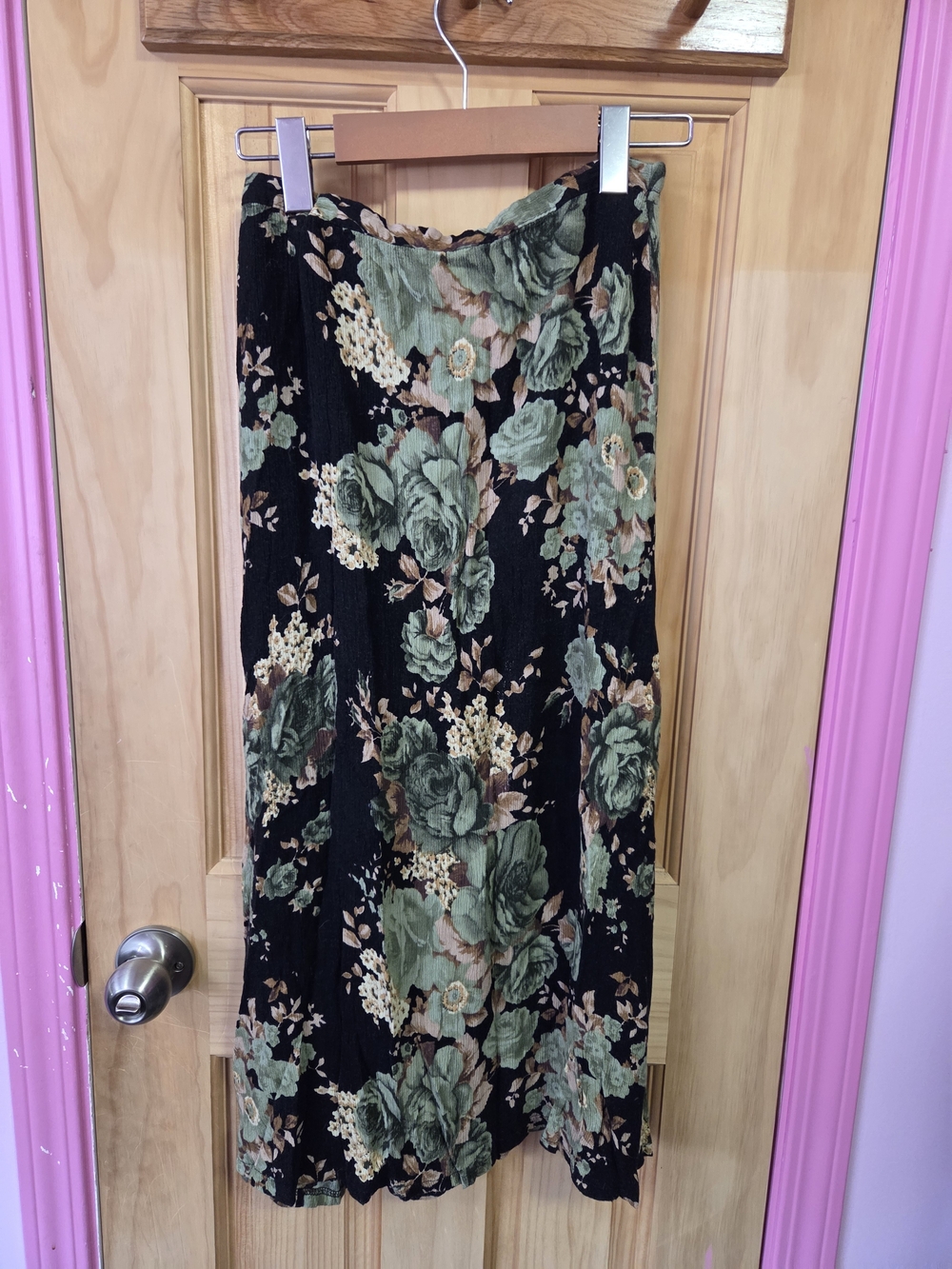 Floral Black Maxi Skirt with Green Rose Print